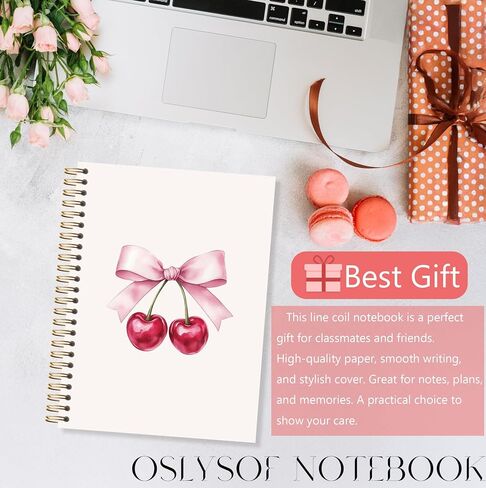 Oslysof Coquette Pink Bow Cherry Notebook ، Pink Girly Journal for Women ، دفاتر جمالية Preppy لأخذ الملاحظات ، Coquette Girly Office Supplies ، 5.5 × 8.3 بوصة مع 164 صفحة in Saudi Arabia