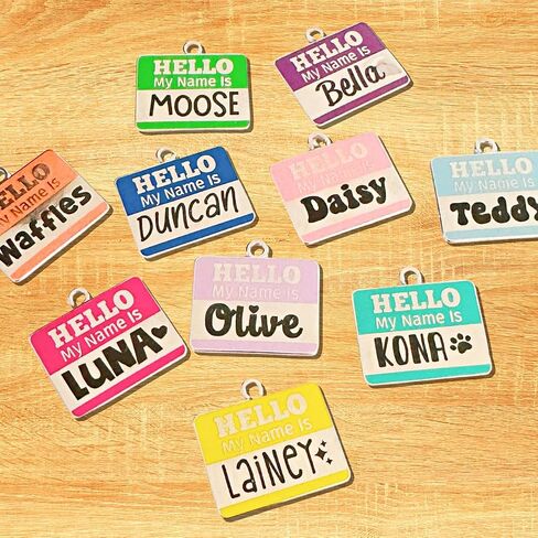 Personalized Dog & Cat ID Tags - Choose from 25+ Tag Designs - Free 5 Lines Custom Engraved - Unique, Cute, Funny, Sassy Pet Tag (Hello My Name is Badge - Teal, Small (1 inch)) in Saudi Arabia