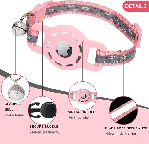 Reflective Cat Collar with Airtag Holder Breakaway Safety Airtag Kitten Collars with Bell for Female Girl Cats,Pink in Kuwait
