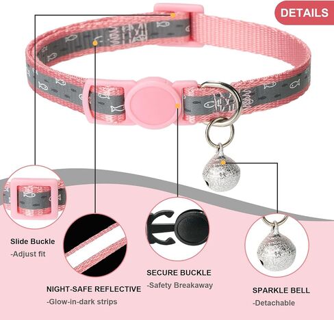 Reflective Cat Collar with Airtag Holder Breakaway Safety Airtag Kitten Collars with Bell for Female Girl Cats,Pink in Kuwait