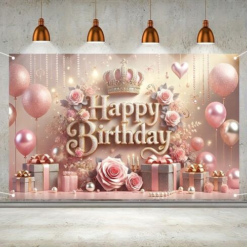 Royal Rose Themed Happy Birthday Backdrop Banner Elegant Party Decoration In Pink and Gold Birthday Banner Birthday Background in Saudi Arabia