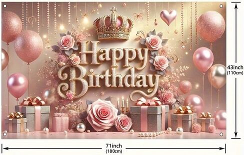 Royal Rose Themed Happy Birthday Backdrop Banner Elegant Party Decoration In Pink and Gold Birthday Banner Birthday Background in Saudi Arabia