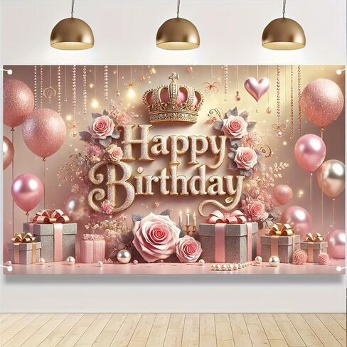 Royal Rose Themed Happy Birthday Backdrop Banner Elegant Party Decoration In Pink and Gold Birthday Banner Birthday Background in Saudi Arabia