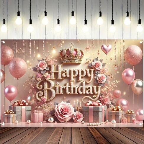 Royal Rose Themed Happy Birthday Backdrop Banner Elegant Party Decoration In Pink and Gold Birthday Banner Birthday Background in Saudi Arabia