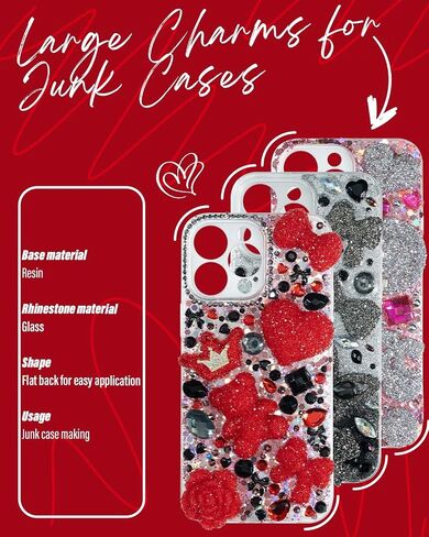 Rhinestone Junk Case Charms – Big Red Bling Charms for Junk Cases, Resin & Rhinestone Hearts, Bows, Stars, Lips, Bears, Butterflies with Flat Backs, Easy to Use in Kuwait