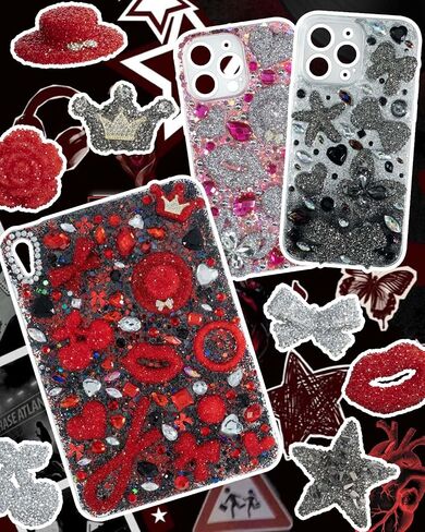 Rhinestone Junk Case Charms – Big Red Bling Charms for Junk Cases, Resin & Rhinestone Hearts, Bows, Stars, Lips, Bears, Butterflies with Flat Backs, Easy to Use in Kuwait