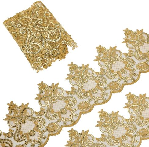 FINGERINSPIRE 2 Yards Goldenrod Floral and Swirling Vines Pattern Inelastic Embroidery Lace Trim, 9.84inch Wide Flower Sequins Lace Trim for Wedding Dress Veil Headdress DIY Handmade in Saudi Arabia