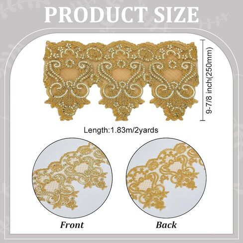 FINGERINSPIRE 2 Yards Goldenrod Floral and Swirling Vines Pattern Inelastic Embroidery Lace Trim, 9.84inch Wide Flower Sequins Lace Trim for Wedding Dress Veil Headdress DIY Handmade in Saudi Arabia