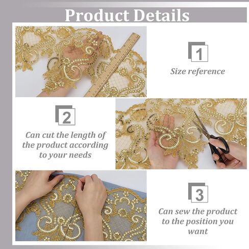 FINGERINSPIRE 2 Yards Goldenrod Floral and Swirling Vines Pattern Inelastic Embroidery Lace Trim, 9.84inch Wide Flower Sequins Lace Trim for Wedding Dress Veil Headdress DIY Handmade in Saudi Arabia
