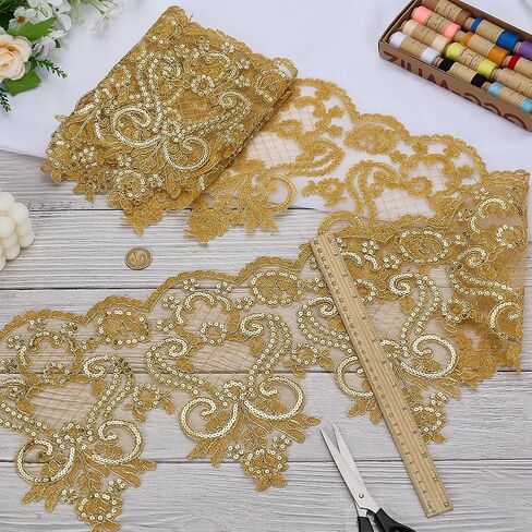 FINGERINSPIRE 2 Yards Goldenrod Floral and Swirling Vines Pattern Inelastic Embroidery Lace Trim, 9.84inch Wide Flower Sequins Lace Trim for Wedding Dress Veil Headdress DIY Handmade in Saudi Arabia