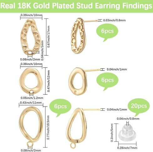 Beebeecraft 18Pcs 3 Styles Gold Circle Earring Post Blank Earring Studs with Backs Loop Hollow Round Real 18K Gold Plated Brass Dangle Ear Findings Accessories for Jewelry Making Supplies DIY Crafts in Saudi Arabia