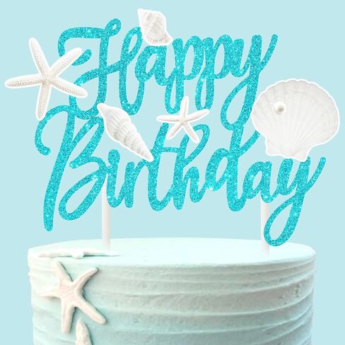Beach Seashell Birthday Cake Topper Ocean Seashell Party Decorations Glitter Blue Starfish Theme Cake Picks Beach Seashell Cake Decorations for Mermaid Theme Birthday Baby Shower Supplies in Saudi Arabia
