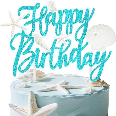 Beach Seashell Birthday Cake Topper Ocean Seashell Party Decorations Glitter Blue Starfish Theme Cake Picks Beach Seashell Cake Decorations for Mermaid Theme Birthday Baby Shower Supplies in Saudi Arabia
