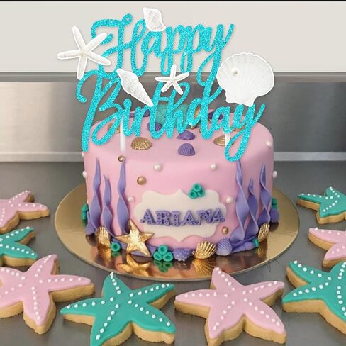 Beach Seashell Birthday Cake Topper Ocean Seashell Party Decorations Glitter Blue Starfish Theme Cake Picks Beach Seashell Cake Decorations for Mermaid Theme Birthday Baby Shower Supplies in Saudi Arabia