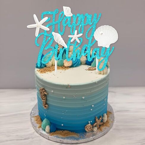 Beach Seashell Birthday Cake Topper Ocean Seashell Party Decorations Glitter Blue Starfish Theme Cake Picks Beach Seashell Cake Decorations for Mermaid Theme Birthday Baby Shower Supplies in Saudi Arabia