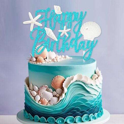 Beach Seashell Birthday Cake Topper Ocean Seashell Party Decorations Glitter Blue Starfish Theme Cake Picks Beach Seashell Cake Decorations for Mermaid Theme Birthday Baby Shower Supplies in Saudi Arabia