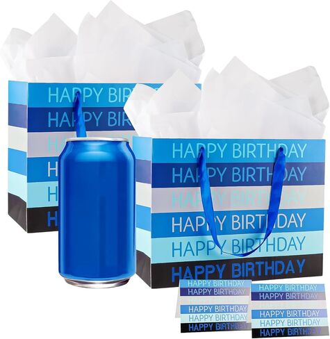 2 Pack Premium Blue 6 "صغير أكياس هدايا عيد ميلاد سعيد مع ورق الأنسجة وبطاقات المعايدة حقائب حاضرة مثالية للرجال يا أطفال احتفالات حفلة عيد ميلاد الذكرى السنوية in Kuwait