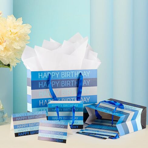 2 Pack Premium Blue 6 "صغير أكياس هدايا عيد ميلاد سعيد مع ورق الأنسجة وبطاقات المعايدة حقائب حاضرة مثالية للرجال يا أطفال احتفالات حفلة عيد ميلاد الذكرى السنوية in Kuwait