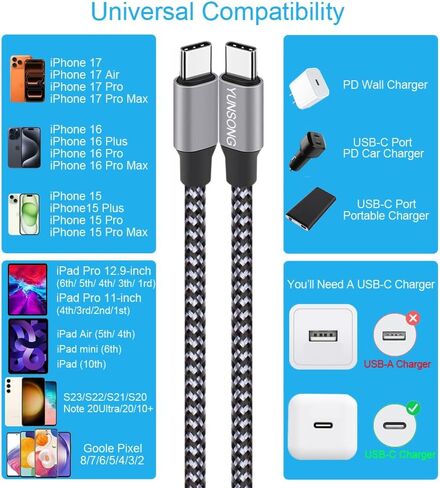 USB C Charger Cable, New Nylon Braided USB C to USB C Cable 3PACK 6FT Type C PD 60W Fast Charging for iPhone 15/15 Pro/15 Plus/15 Pro Max/iPad Pro Air Mini/Samsung S23/Note 20/10/Pixel in Saudi Arabia