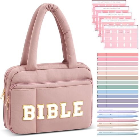 Large Bible Cover with Handles, Pink Chenille Letter Bible Carrying Case for Women, Soft Puffy Tote Bag, 5 Labels 6 Colored Pens 12 Highlighters, Cute Book Cover Study Accessories Christian Gift in Saudi Arabia