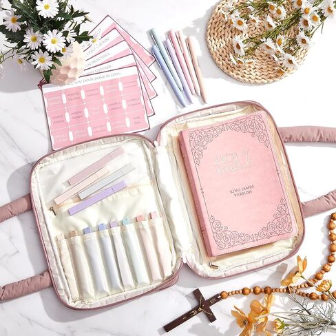 Large Bible Cover with Handles, Pink Chenille Letter Bible Carrying Case for Women, Soft Puffy Tote Bag, 5 Labels 6 Colored Pens 12 Highlighters, Cute Book Cover Study Accessories Christian Gift in Saudi Arabia