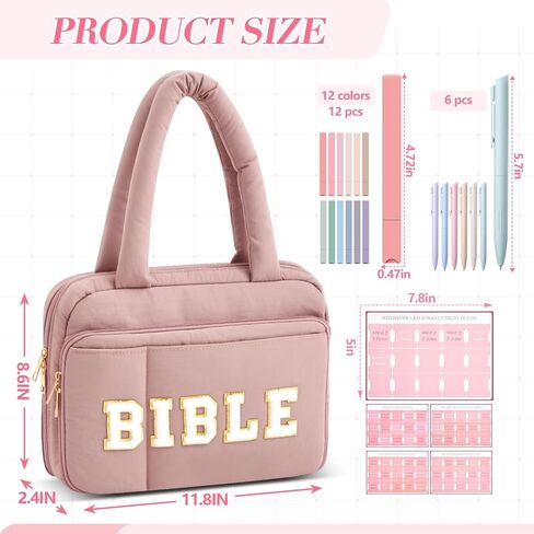 Large Bible Cover with Handles, Pink Chenille Letter Bible Carrying Case for Women, Soft Puffy Tote Bag, 5 Labels 6 Colored Pens 12 Highlighters, Cute Book Cover Study Accessories Christian Gift in Saudi Arabia