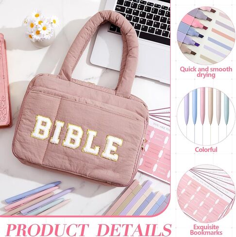 Large Bible Cover with Handles, Pink Chenille Letter Bible Carrying Case for Women, Soft Puffy Tote Bag, 5 Labels 6 Colored Pens 12 Highlighters, Cute Book Cover Study Accessories Christian Gift in Saudi Arabia