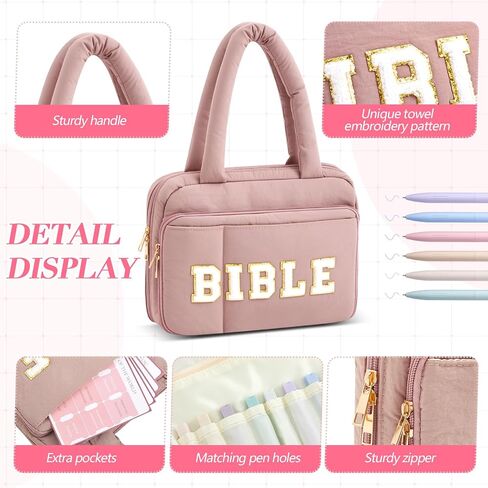 Large Bible Cover with Handles, Pink Chenille Letter Bible Carrying Case for Women, Soft Puffy Tote Bag, 5 Labels 6 Colored Pens 12 Highlighters, Cute Book Cover Study Accessories Christian Gift in Saudi Arabia