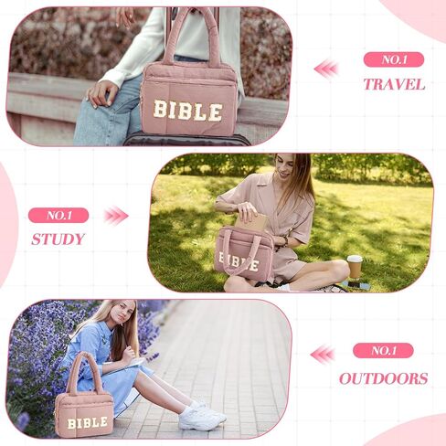 Large Bible Cover with Handles, Pink Chenille Letter Bible Carrying Case for Women, Soft Puffy Tote Bag, 5 Labels 6 Colored Pens 12 Highlighters, Cute Book Cover Study Accessories Christian Gift in Saudi Arabia