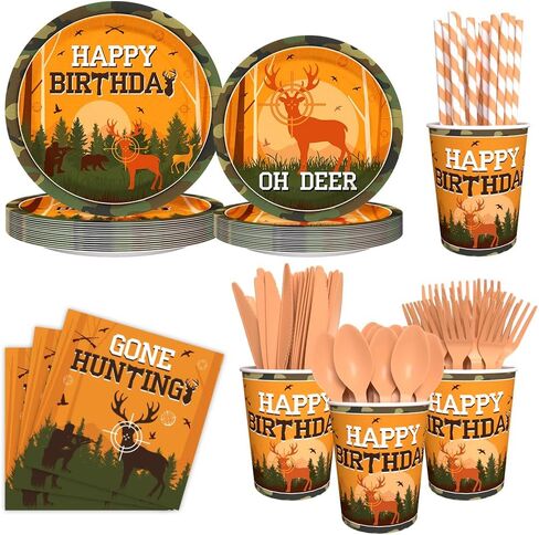 192pcs Hunting Camo Theme Birthday Party Decoration Includes Plates, Cup, Napkin, Tablecloth, Supplies for Baby Shower Oh Deer Hunting Outdoor Camping Picnic Disposable Tableware Decor Serve 24 Guests in Saudi Arabia