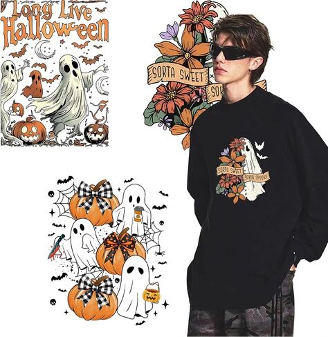 12 Sheets Halloween Ghost Iron on Transfers Pumpkin Bow Iron on Patches Fall Floral Heat Transfer Vinyl Designs Cute Iron on Decal for Hat Women&Men T-Shirt Pillow Canvas Bag DIY Decor in Kuwait