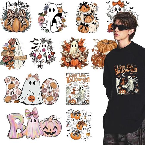 12 Sheets Halloween Ghost Iron on Transfers Pumpkin Bow Iron on Patches Fall Floral Heat Transfer Vinyl Designs Cute Iron on Decal for Hat Women&Men T-Shirt Pillow Canvas Bag DIY Decor in Kuwait
