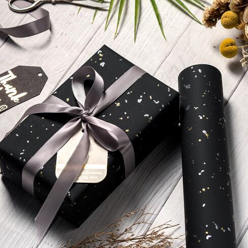 Wrapaholic 30 بوصة jumbo لفة ورق التغليف الأسود - 30 بوصة × 16.5 قدم - تصميم الذهب الأسود مع لمسة حريرية مثالية لعيد الميلاد ، والعطلة ، والاستحمام الطفل in Kuwait
