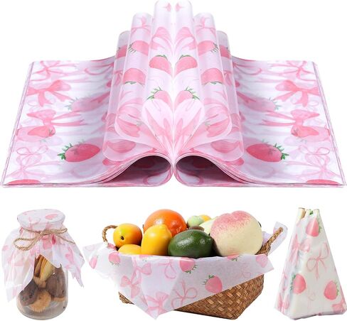 150 Pcs Pink Bow Strawberry Wax Paper Sheets for Food Deli, 9.8 x 8.3 inch Pink Bow Strawberry Greaseproof Wrapping Paper for Sandwich Picnic Basket Liner Birthday Shower Party Supplies in Saudi Arabia