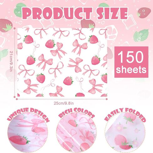 150 Pcs Pink Bow Strawberry Wax Paper Sheets for Food Deli, 9.8 x 8.3 inch Pink Bow Strawberry Greaseproof Wrapping Paper for Sandwich Picnic Basket Liner Birthday Shower Party Supplies in Saudi Arabia