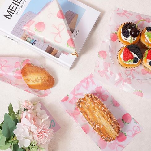 150 Pcs Pink Bow Strawberry Wax Paper Sheets for Food Deli, 9.8 x 8.3 inch Pink Bow Strawberry Greaseproof Wrapping Paper for Sandwich Picnic Basket Liner Birthday Shower Party Supplies in Saudi Arabia