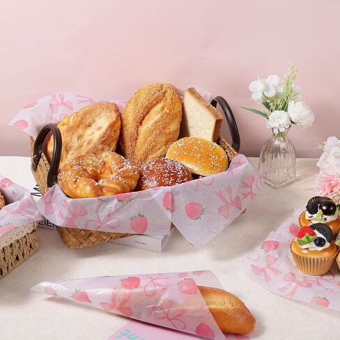 150 Pcs Pink Bow Strawberry Wax Paper Sheets for Food Deli, 9.8 x 8.3 inch Pink Bow Strawberry Greaseproof Wrapping Paper for Sandwich Picnic Basket Liner Birthday Shower Party Supplies in Saudi Arabia