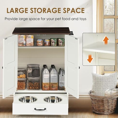 Dog Feeding Station Storage Cabinet,Dog Food Storage Cabinet with Hidden Raised Dog Bowls, Pet Feeder Container with Hanger for Feeding & Watering Supplies in Saudi Arabia