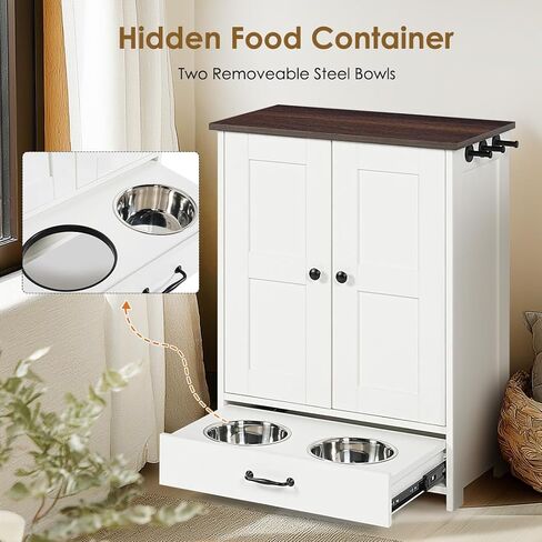 Dog Feeding Station Storage Cabinet,Dog Food Storage Cabinet with Hidden Raised Dog Bowls, Pet Feeder Container with Hanger for Feeding & Watering Supplies in Saudi Arabia