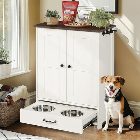 Dog Feeding Station Storage Cabinet,Dog Food Storage Cabinet with Hidden Raised Dog Bowls, Pet Feeder Container with Hanger for Feeding & Watering Supplies in Saudi Arabia