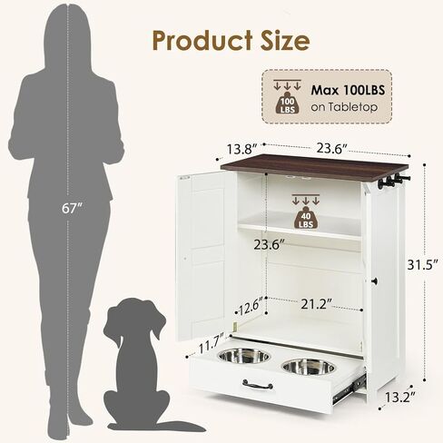 Dog Feeding Station Storage Cabinet,Dog Food Storage Cabinet with Hidden Raised Dog Bowls, Pet Feeder Container with Hanger for Feeding & Watering Supplies in Saudi Arabia
