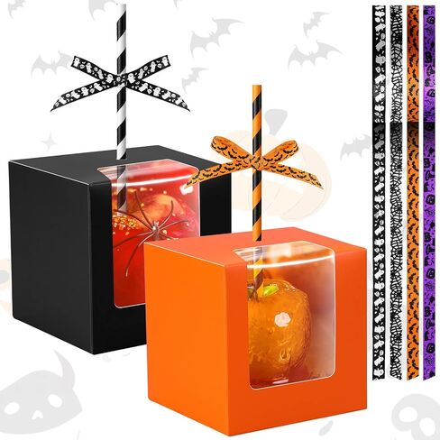 cholemy 100 مجموعات Halloween Kraft Candy Apple صناديق مع عصا ثقب وشريط 4 "× 4" × 4 "صناديق التفاح الكراميل مع الكعكة واضحة الكعك الصناديق معالجة الهدايا لصالح الحفلات الهالوين in Saudi Arabia