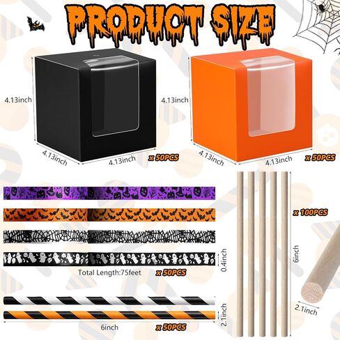 cholemy 100 مجموعات Halloween Kraft Candy Apple صناديق مع عصا ثقب وشريط 4 "× 4" × 4 "صناديق التفاح الكراميل مع الكعكة واضحة الكعك الصناديق معالجة الهدايا لصالح الحفلات الهالوين in Saudi Arabia
