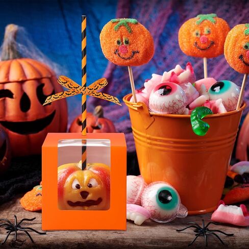 cholemy 100 مجموعات Halloween Kraft Candy Apple صناديق مع عصا ثقب وشريط 4 "× 4" × 4 "صناديق التفاح الكراميل مع الكعكة واضحة الكعك الصناديق معالجة الهدايا لصالح الحفلات الهالوين in Saudi Arabia