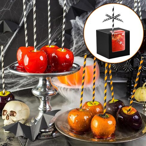 cholemy 100 مجموعات Halloween Kraft Candy Apple صناديق مع عصا ثقب وشريط 4 "× 4" × 4 "صناديق التفاح الكراميل مع الكعكة واضحة الكعك الصناديق معالجة الهدايا لصالح الحفلات الهالوين in Saudi Arabia