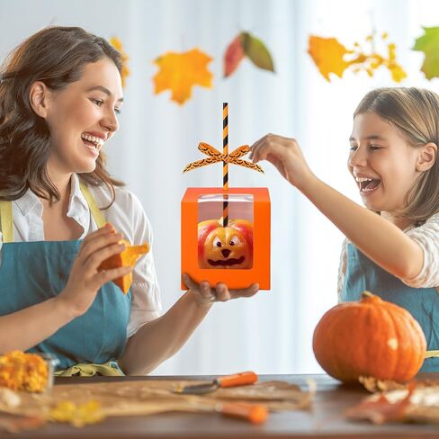 cholemy 100 مجموعات Halloween Kraft Candy Apple صناديق مع عصا ثقب وشريط 4 "× 4" × 4 "صناديق التفاح الكراميل مع الكعكة واضحة الكعك الصناديق معالجة الهدايا لصالح الحفلات الهالوين in Saudi Arabia