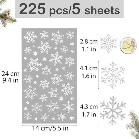 5sheets Glitter Sliver Snowflake Stickers for Crafts Cards Envelopes 225pcs Transparent Winter Snowflake Star Stickers for Scrapbooking Art Project Gift Package (Silver) in Kuwait