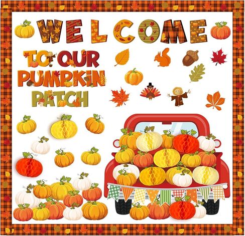Qilery Fall Bulletin Board Decorations Classroom Fall Autumn Welcome Pumpkin Patch Bulletin Boards Letters Borders Cutouts with Colorful 3D Honeycomb Pumpkins Thanksgiving Back to School Door Decor in Saudi Arabia