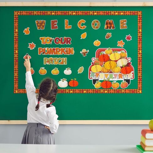 Qilery Fall Bulletin Board Decorations Classroom Fall Autumn Welcome Pumpkin Patch Bulletin Boards Letters Borders Cutouts with Colorful 3D Honeycomb Pumpkins Thanksgiving Back to School Door Decor in Saudi Arabia