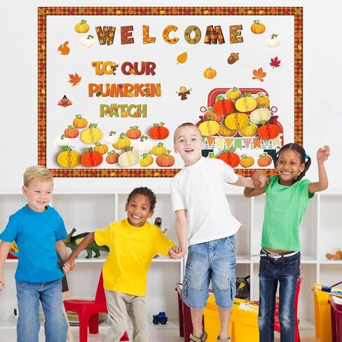 Qilery Fall Bulletin Board Decorations Classroom Fall Autumn Welcome Pumpkin Patch Bulletin Boards Letters Borders Cutouts with Colorful 3D Honeycomb Pumpkins Thanksgiving Back to School Door Decor in Saudi Arabia